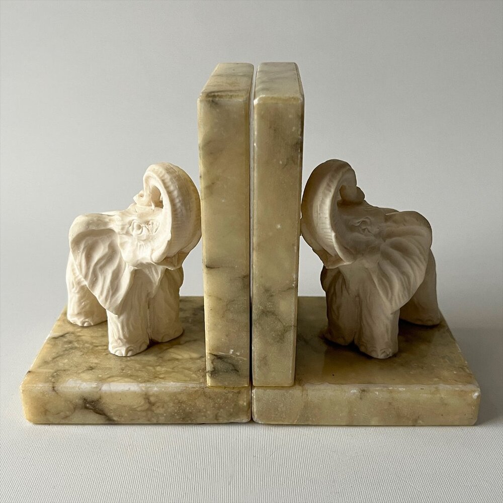Vintage Genuine Alabaster Elephant Bookends Pair Hand Carved Handmade Italy